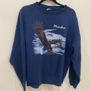 90s Vintage Fruit Of The Loom Alaska Bald Eagle Nature Animal Blue Sweatshirt.